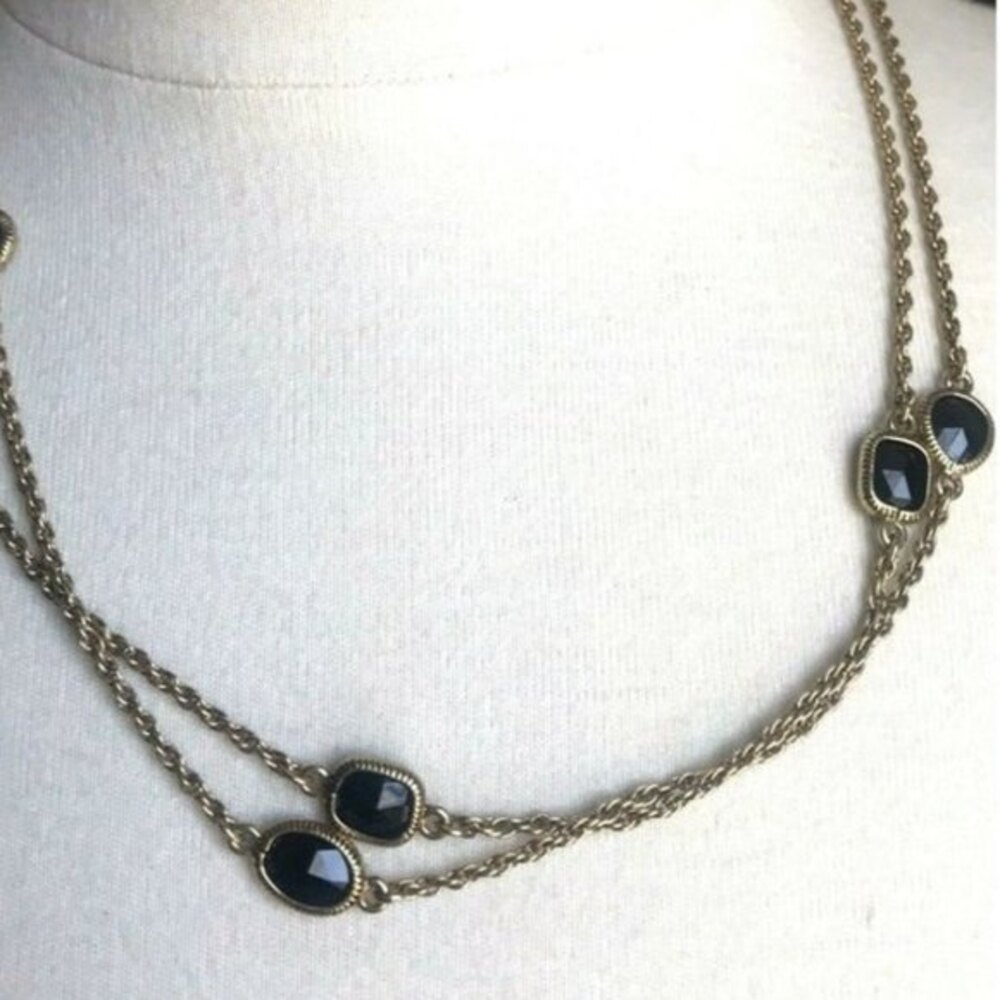 Monet Gold Tone Necklace with Black Fauceted Beads